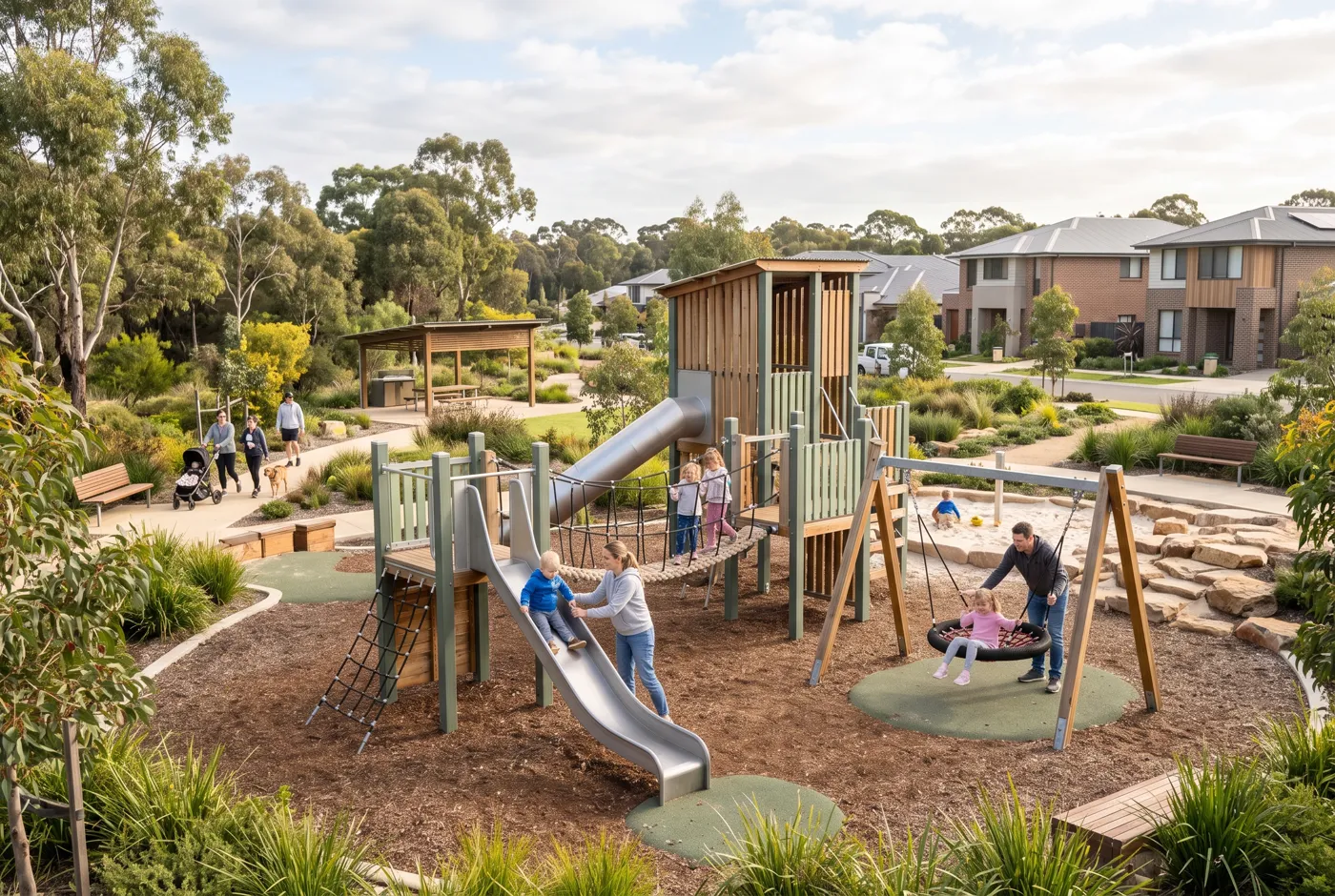 Artist's impression of families at a community playground in the Mambourin area